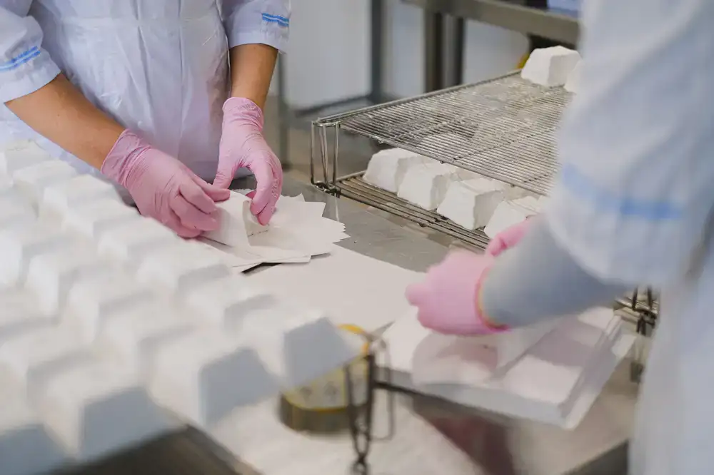 Hands wrapping a block of aged artisan cheese